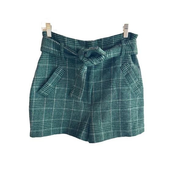 House of Harlow 1960 Green & Black Plaid Wool Blend High Waisted Women’s Shorts - Picture 2 of 13